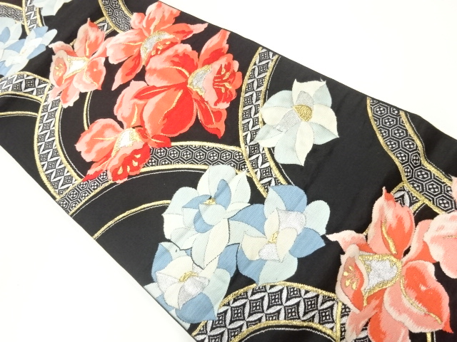 袋帯 名品 吉祥貝合文 青海波 唐織 金糸 黒 六通 正絹 中古 ys7332591;